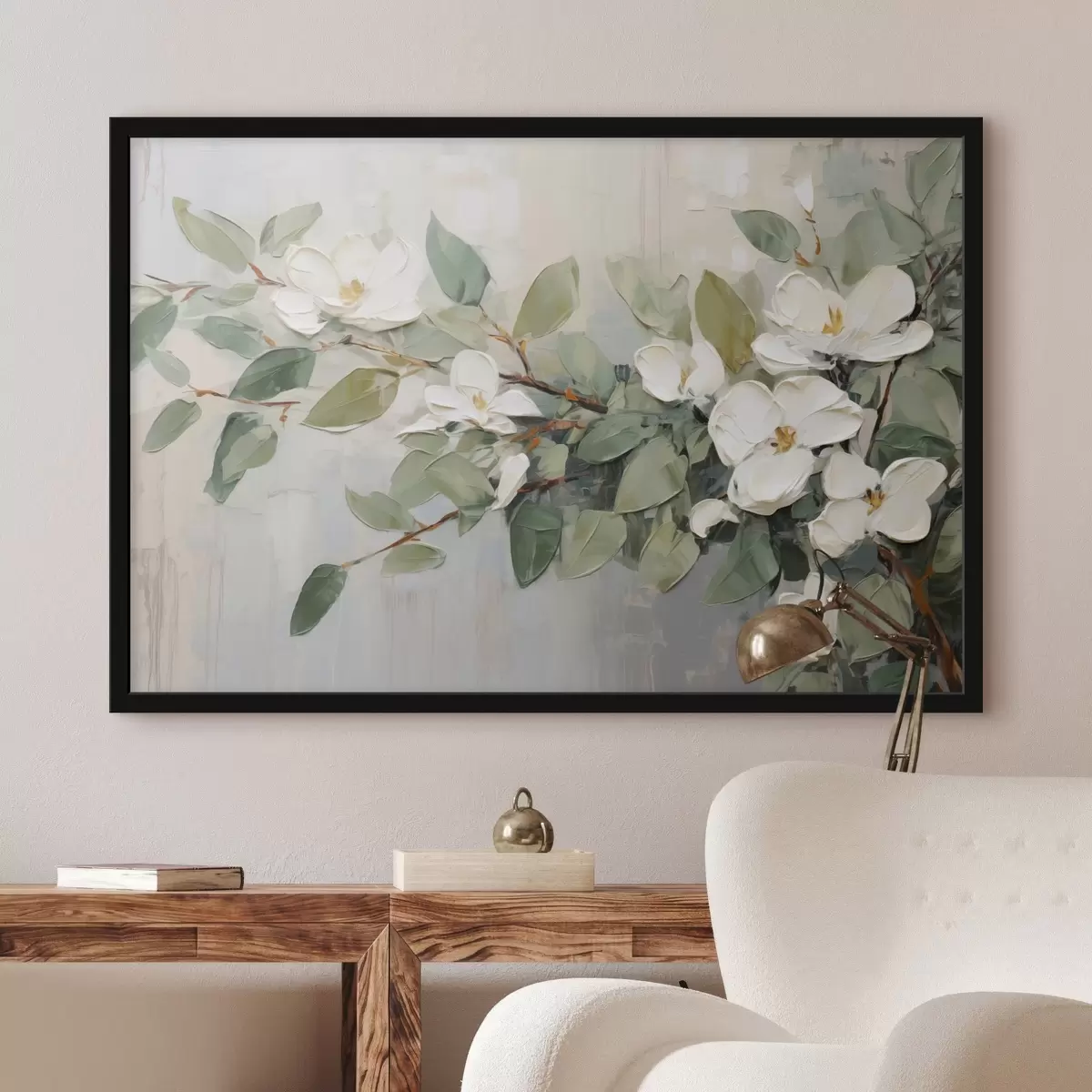 Poster Magnolienblüten mit grünen Blättern auf einem Zweig, pastos strukturierter Stil, weiche Farbpalette f44853