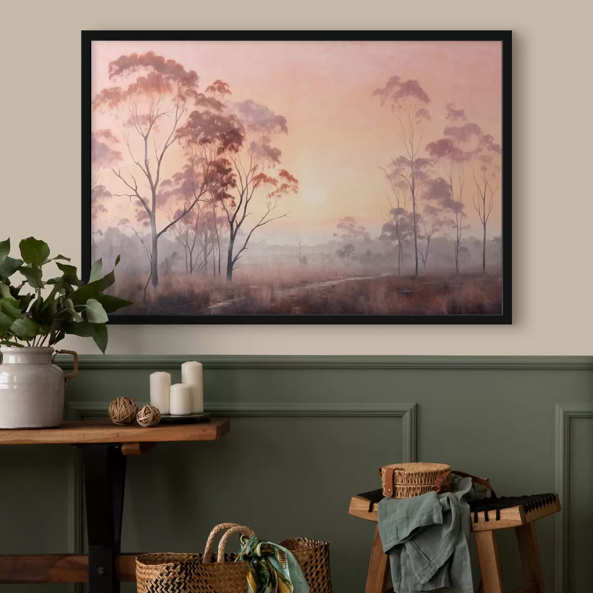 Poster Ein Landschaftsgemälde eines Feldes mit hohem Gras und Bäumen, die Sonne ist im Hintergrund f44854