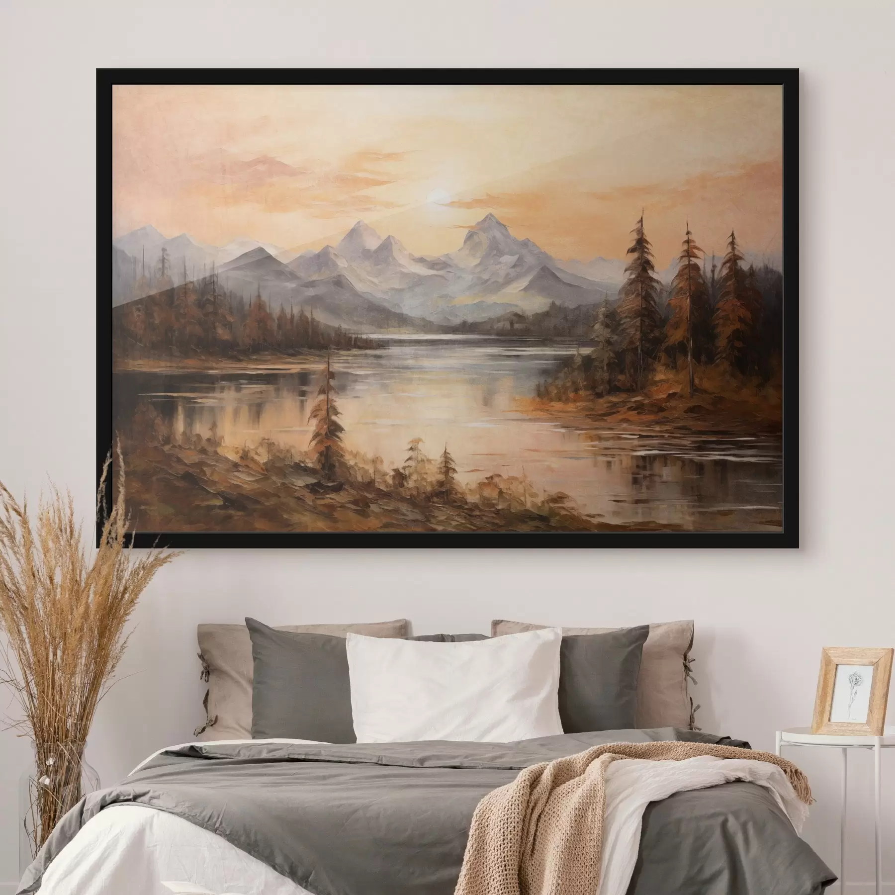 Fototapete Landschaft mit einem See, umgeben von Bäumen und Bergen im Hintergrund, orangefarbener Himmel mit Sonne f44857