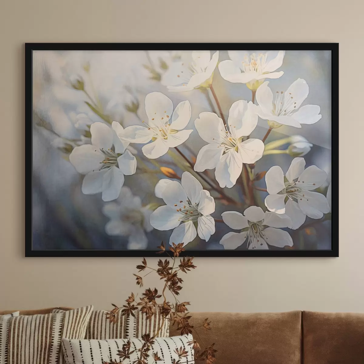 Poster Weiße strukturierte Kirschblüten im Aquarell-Stil, zarte Blütenblätter, Frühlingssaison f44859