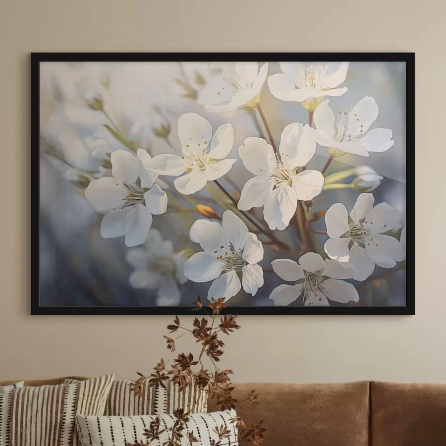 Fototapete Weiße strukturierte Kirschblüten im Aquarell-Stil, zarte Blütenblätter, Frühlingssaison f44859