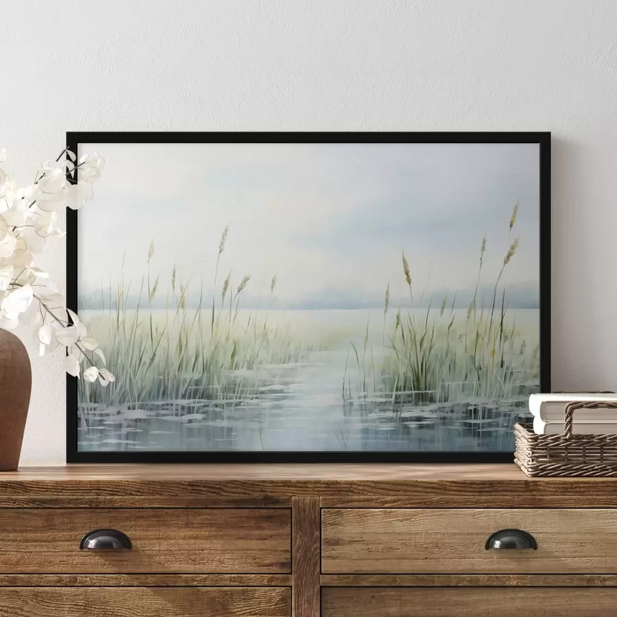 Fototapete Ein Aquarell Malerei Nachahmung der hohen Gras wächst in der Nähe von Wasser, bedecktem Himmel und unscharfen Hintergrund f44860