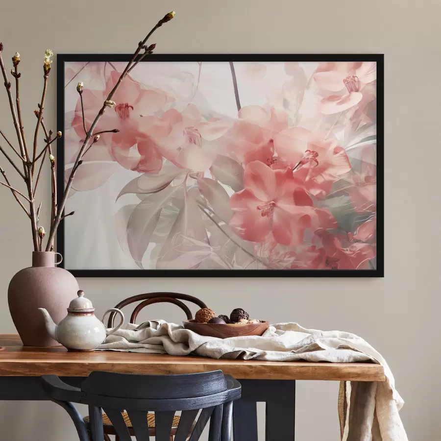 Fototapete Leuchtend rosa tropische Blüten mit zarten, gedämpften grünen Blättern, die eine traumhaft zarte Textur ergeben f44861