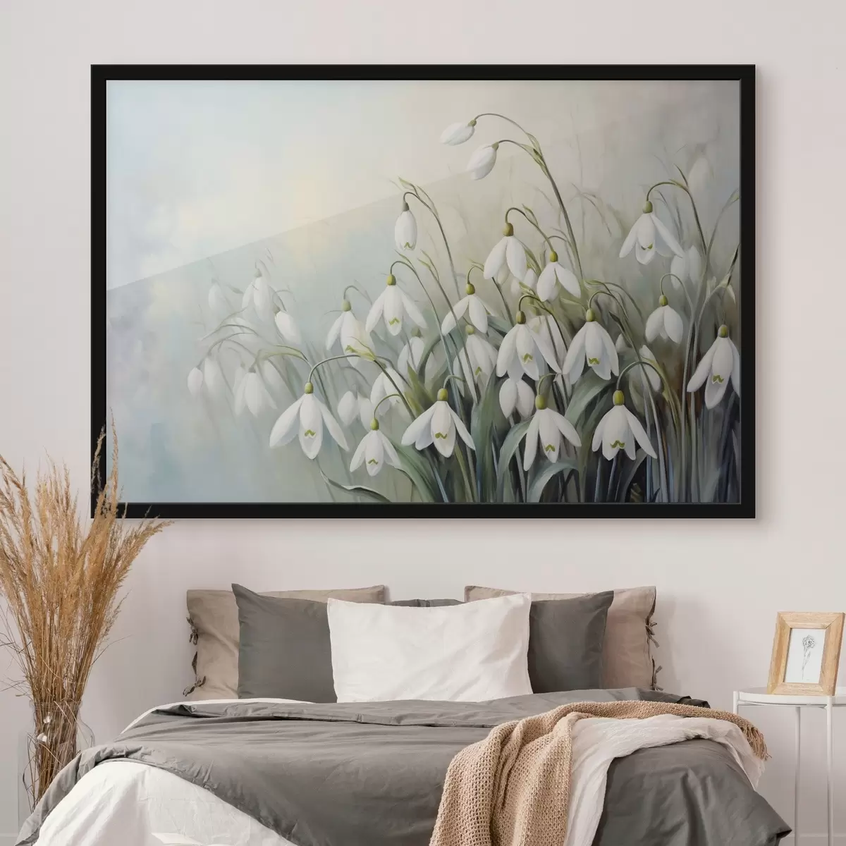 Poster Weiße Schneeglöckchenblüten mit blauen und grünen Stängeln und Blättern, weiche Pinselstriche, unscharfer Hintergrund f44864