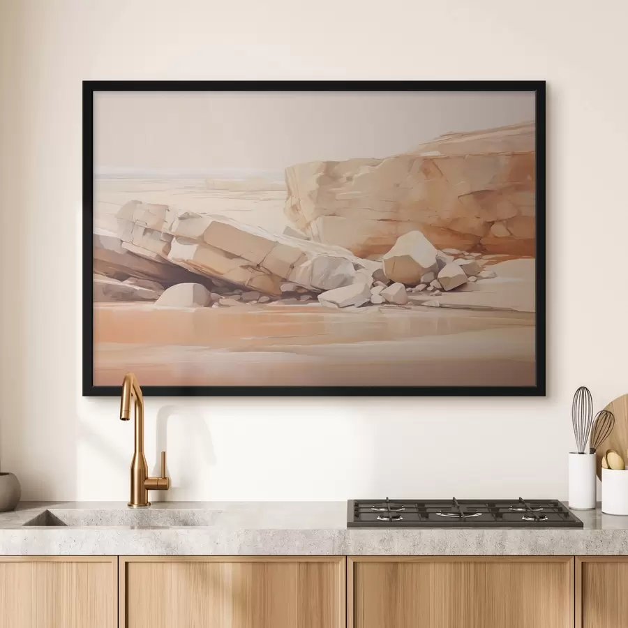 Fototapete Minimalistische felsige Strandlandschaft mit großen hellbraunen Felsblöcken und klarem Wasser f44865