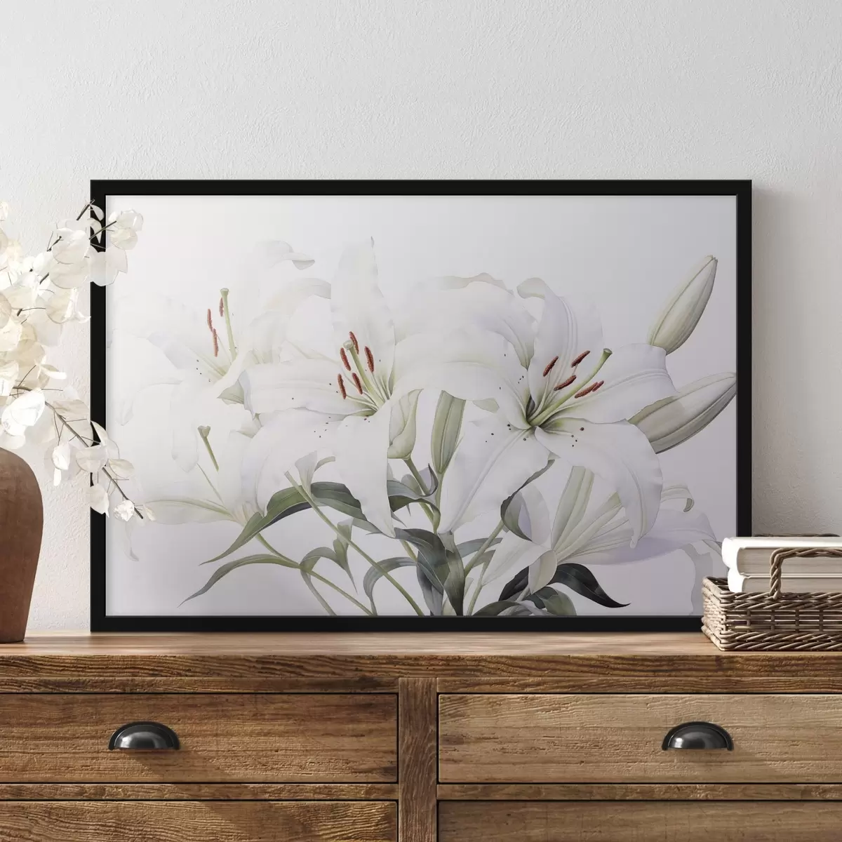 Poster Ein Strauß weißer Lilien mit grünen Blättern, zarten Blütenblättern und weichem weißen Hintergrund f44868