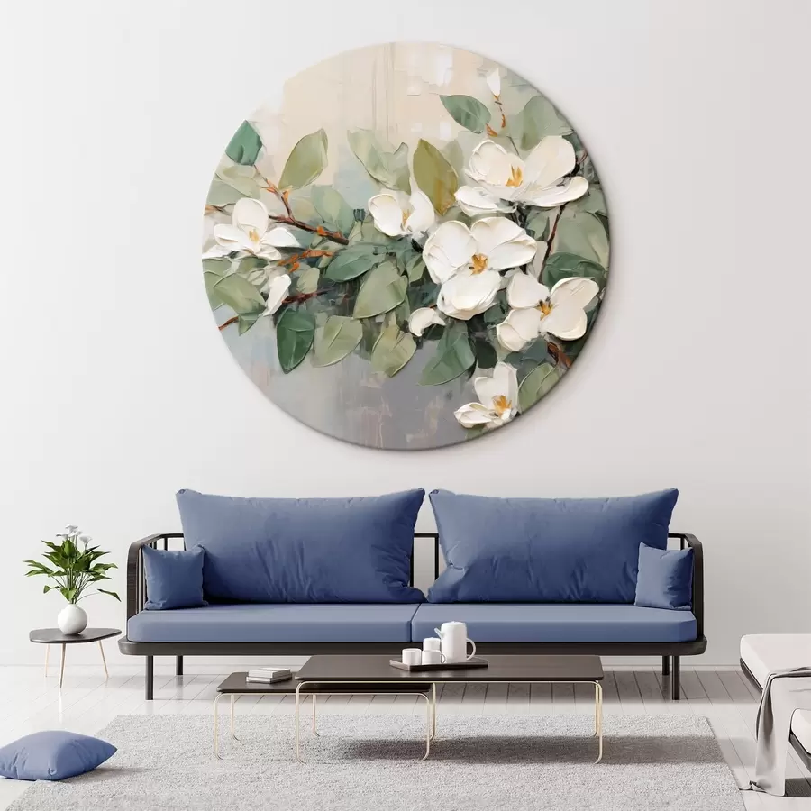 Wandbilder Magnolienblüten mit grünen Blättern auf einem Zweig, pastos strukturierter Stil, weiche Farbpalette r44853