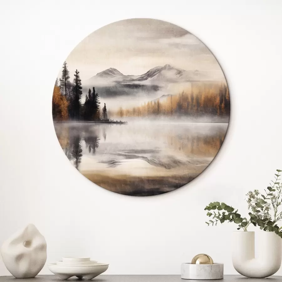 Wandbilder Eine neblige, strukturierte Seenlandschaft mit Kiefern und Bergen, wolkenverhangener grauer Himmel r44856