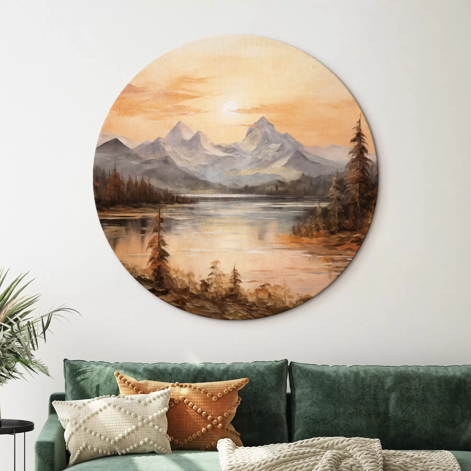 Wandbilder Landschaft mit einem See, umgeben von Bäumen und Bergen im Hintergrund, orangefarbener Himmel mit Sonne r44857