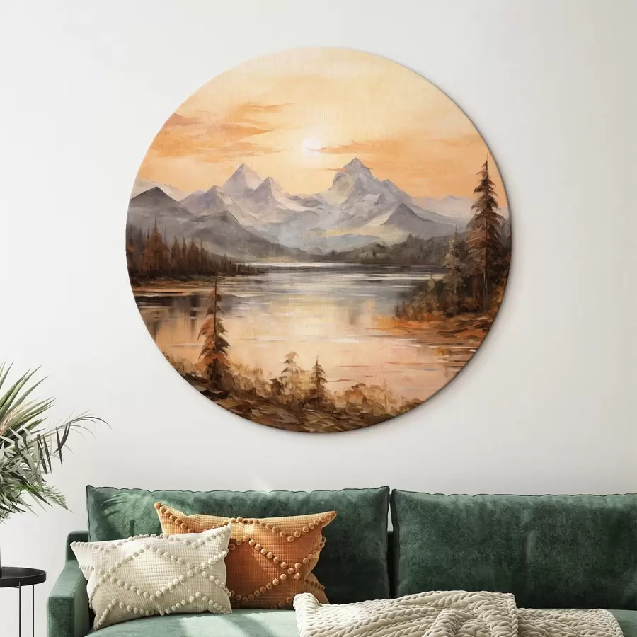 Wandbilder Landschaft mit einem See, umgeben von Bäumen und Bergen im Hintergrund, orangefarbener Himmel mit Sonne r44857