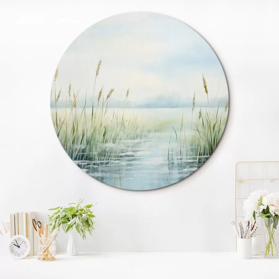 Wandbilder Ein Aquarell Malerei Nachahmung der hohen Gras wächst in der Nähe von Wasser, bedecktem Himmel und unscharfen Hintergrund r44860