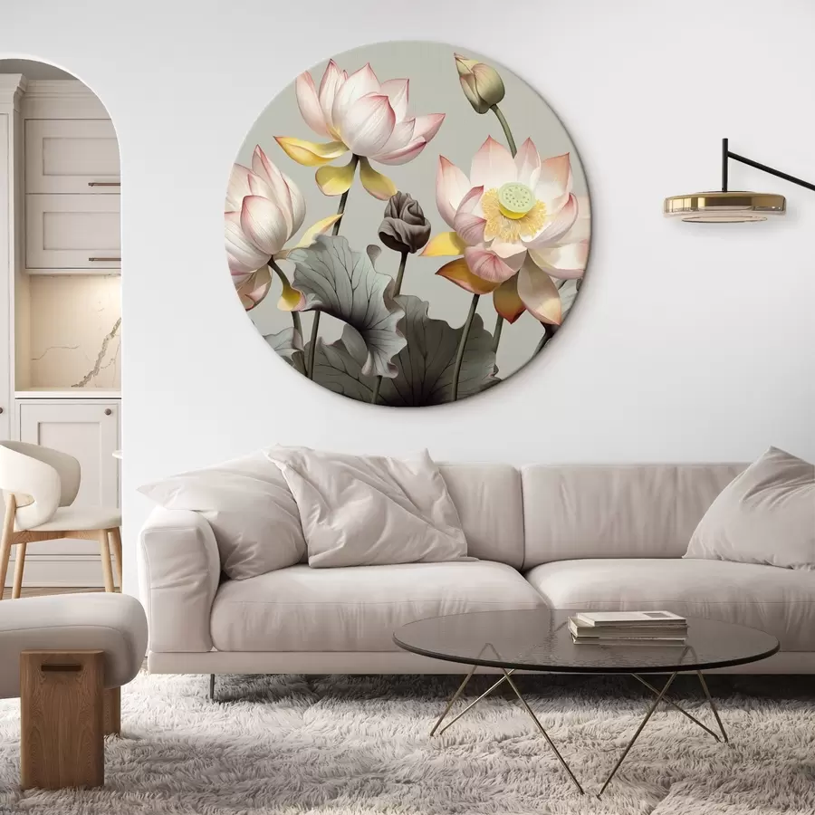 Wandbilder Lotusblumen mit pastellfarbenen Blütenblättern und grünen Blättern, in einer gedeckten Farbpalette, vor einem schlichten Hintergrund r44862