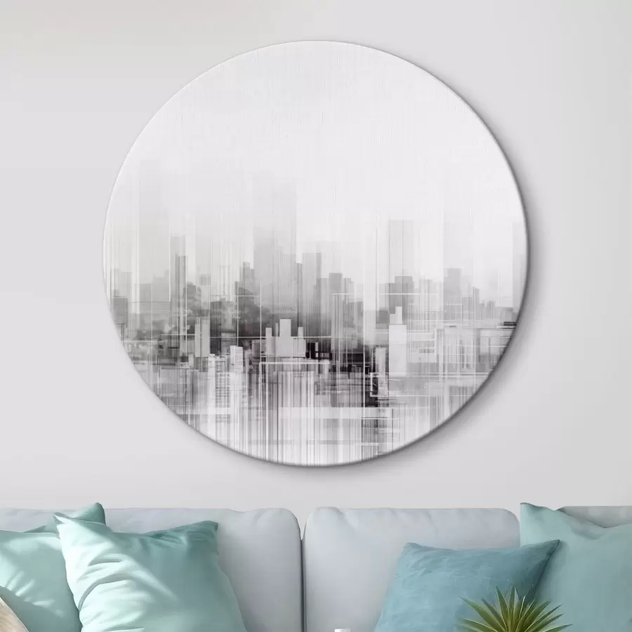 Wandbilder Texturierte minimalistische Stadtlandschaft mit hohen Gebäuden und Wolkenkratzern, die sich gegen einen weißen Himmel abheben r44863