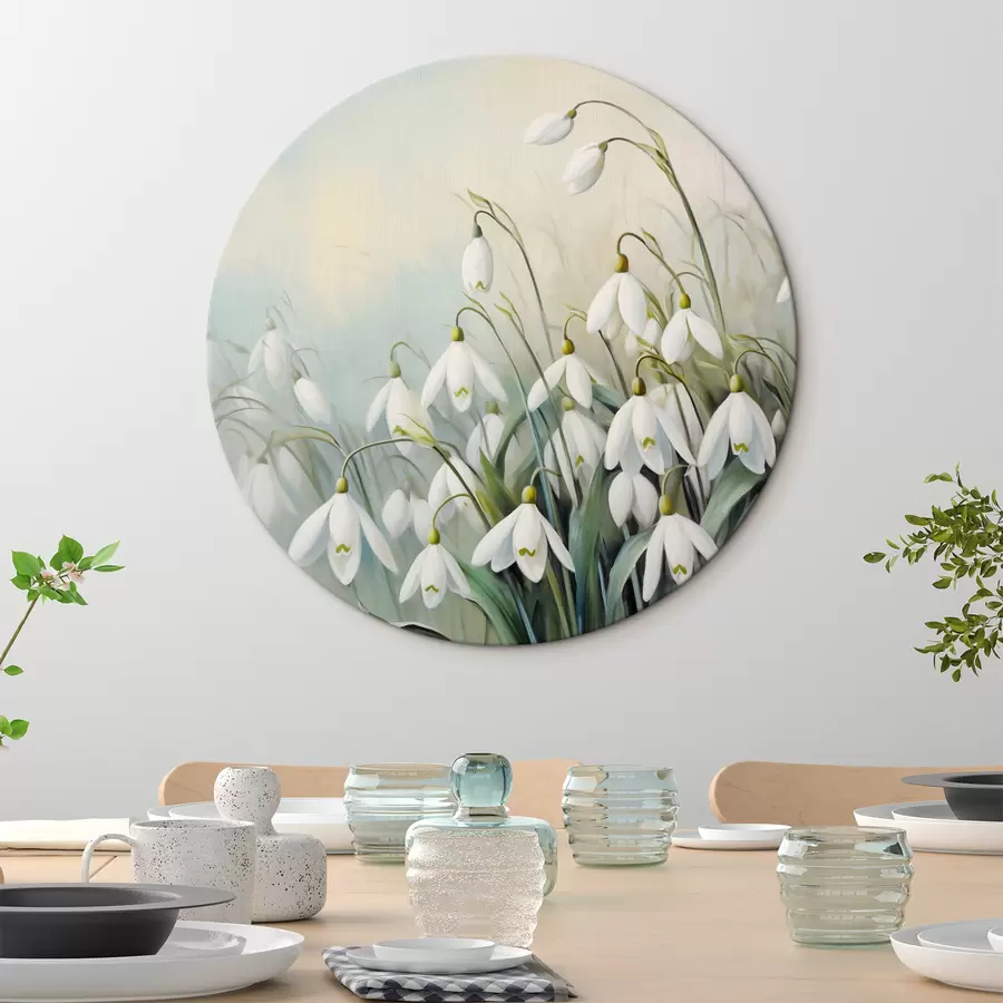 Wandbilder Weiße Schneeglöckchenblüten mit blauen und grünen Stängeln und Blättern, weiche Pinselstriche, unscharfer Hintergrund r44864