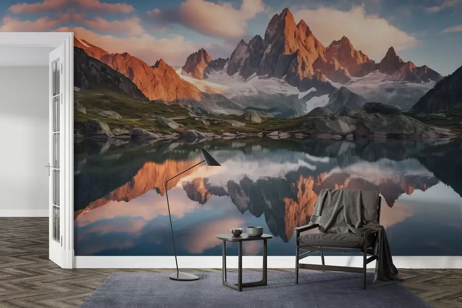 Fototapete Berge in der Morgendämmerung, Spiegelung im Wasser, realistische Landschaft w04150