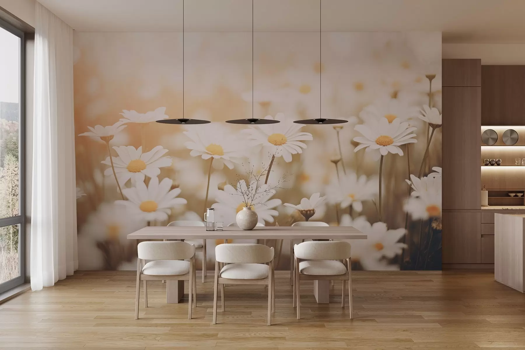 Fototapete Wilde Gänseblümchen auf einem hellen Hintergrund mit Weichzeichner-Effekt w04161