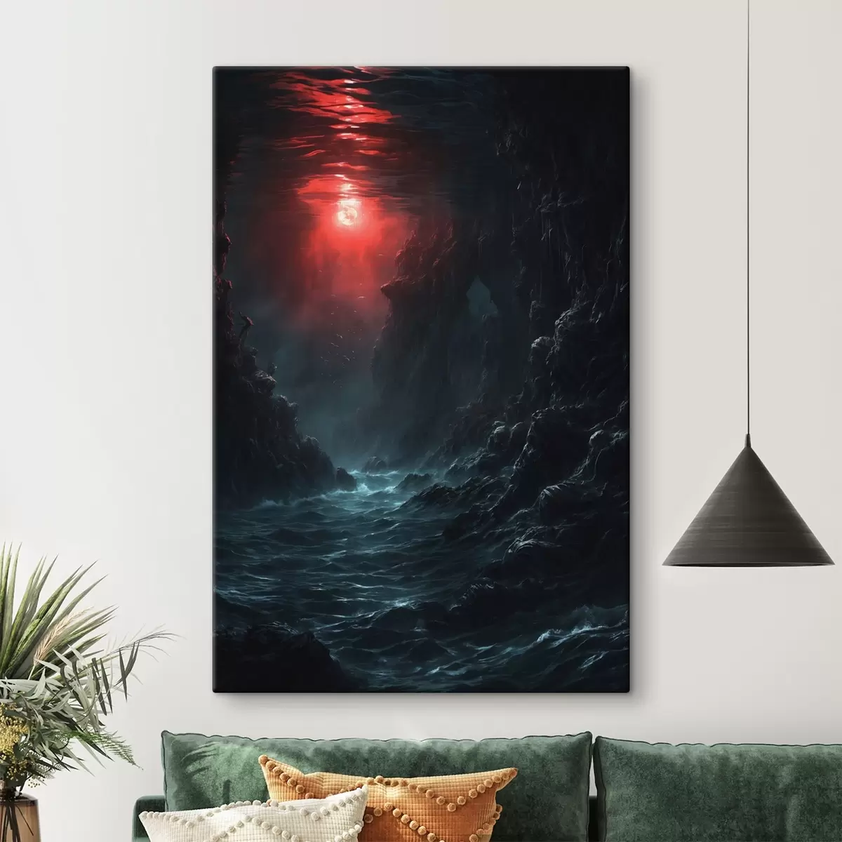 Wandbilder Dunkle Meeresschlucht mit rotem Licht von oben s44870