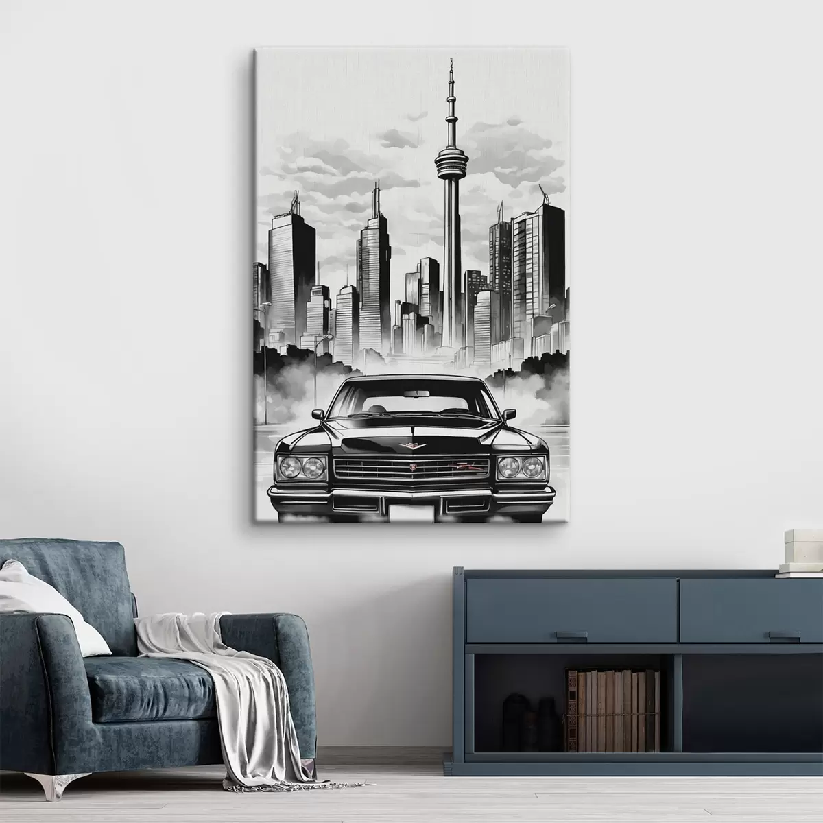 Wandbilder Retro-Auto auf dem Hintergrund der monochromen Stadt mit Wolkenkratzern s44871