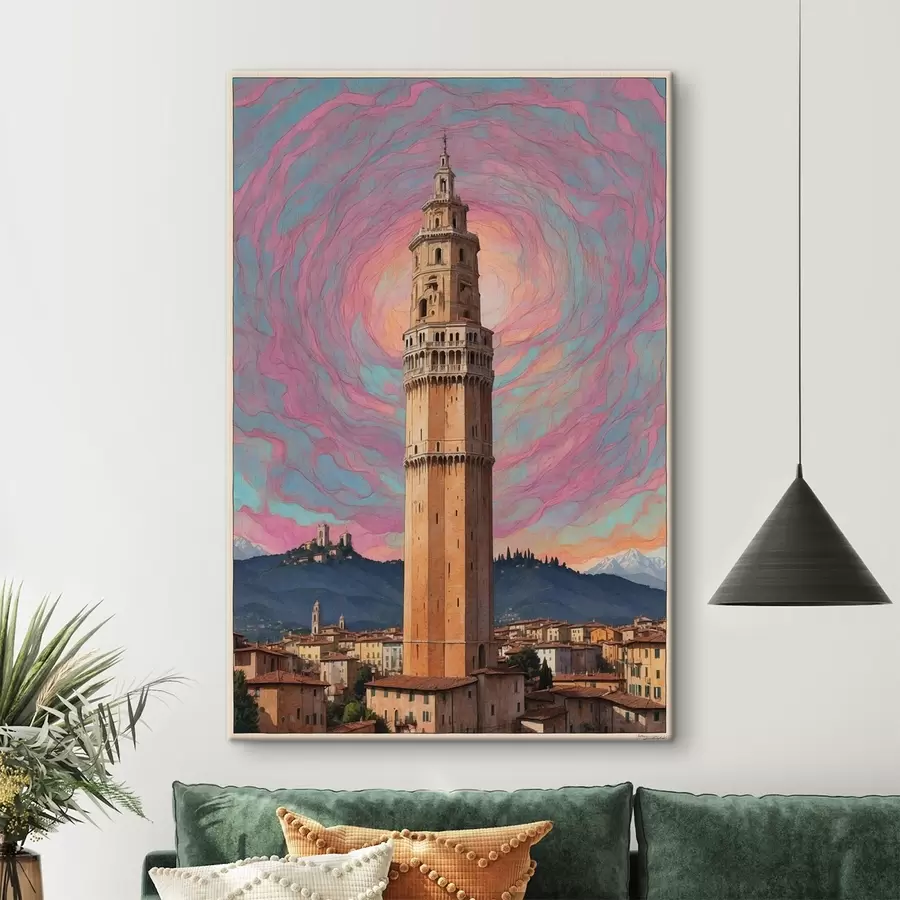 Wandbilder Fantasieturm gegen den Himmel mit rosa und blauen Spiralen s44885