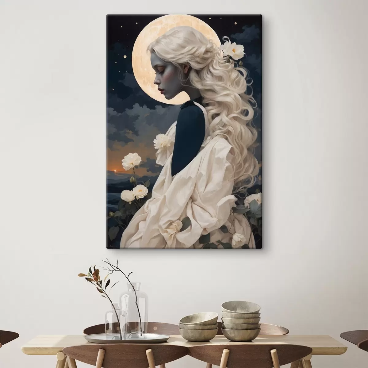 Wandbilder Porträt eines Mädchens mit weißem Haar und Vollmond s44887