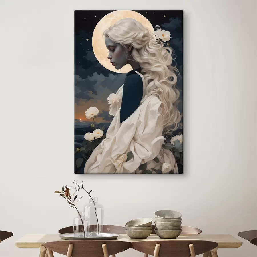 Wandbilder Porträt eines Mädchens mit weißem Haar und Vollmond s44887