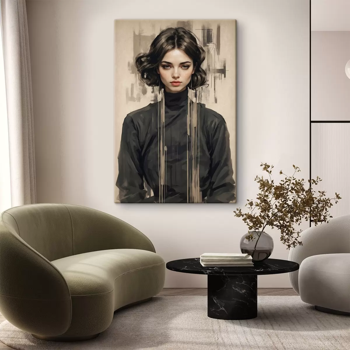 Wandbilder Porträt einer Frau mit kurzen dunklen Haaren auf abstraktem Hintergrund s44890