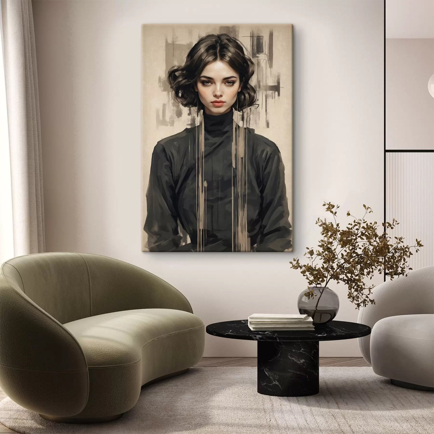 Wandbilder Porträt einer Frau mit kurzen dunklen Haaren auf abstraktem Hintergrund s44890