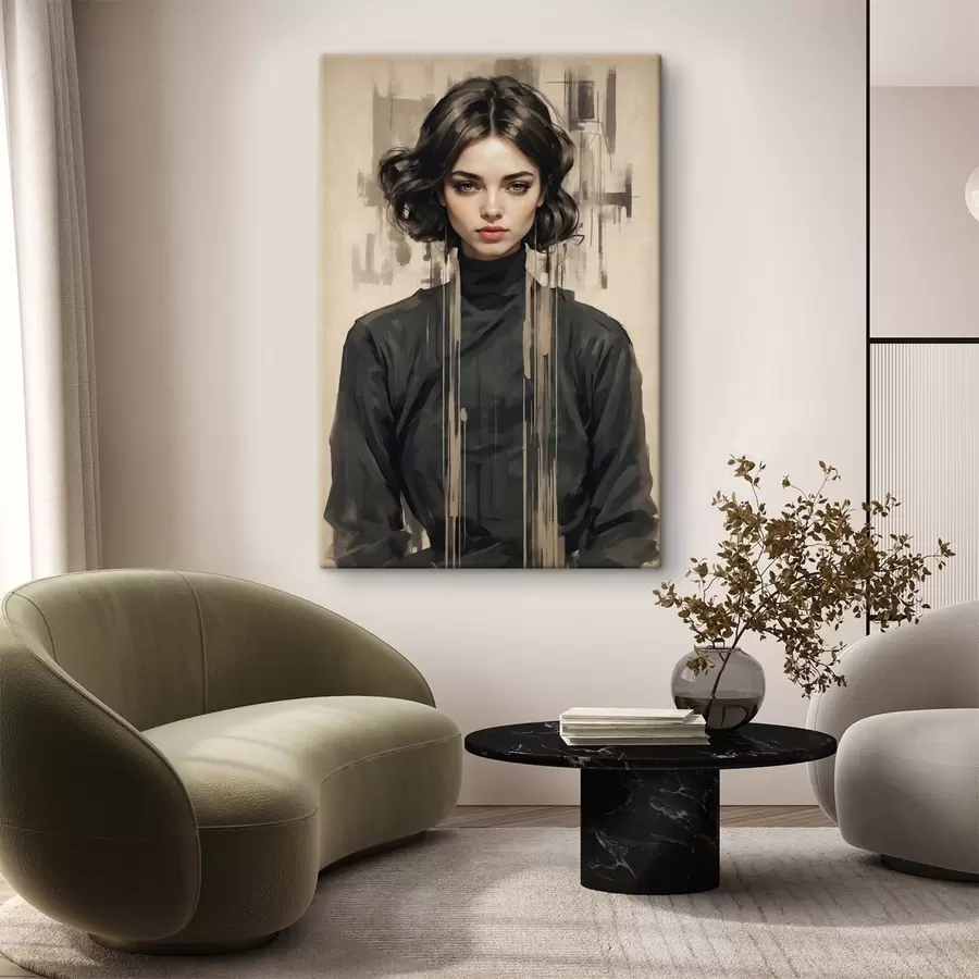 Wandbilder Porträt einer Frau mit kurzen dunklen Haaren auf abstraktem Hintergrund s44890