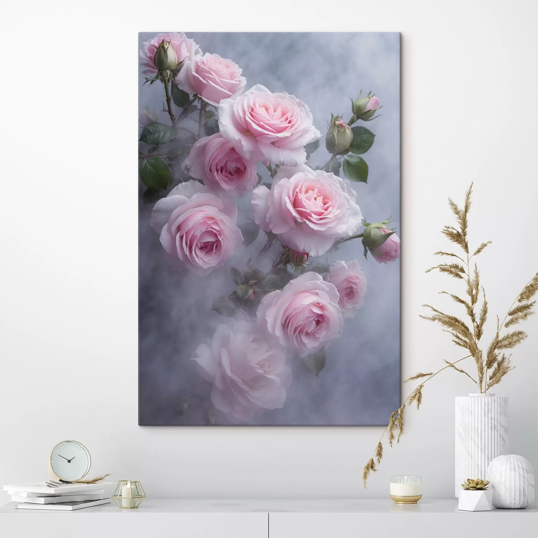 Fototapete Zartrosa Rosen im Nebel mit grünen Blättern s44892