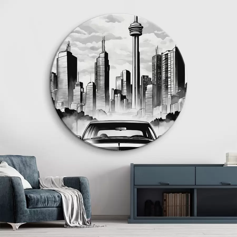 Wandbilder Retro-Auto auf dem Hintergrund der monochromen Stadt mit Wolkenkratzern r44871