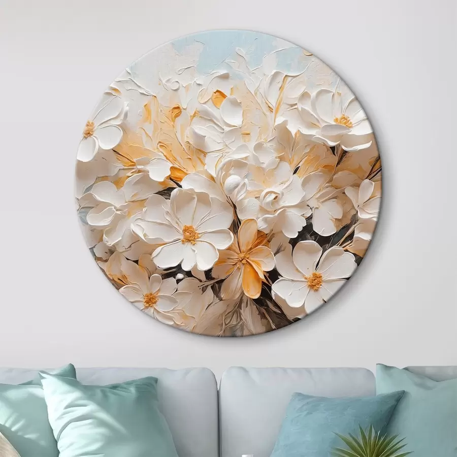 Wandbilder Weiße und pfirsichfarbene Blumen auf blauem Hintergrund mit Pastellfarben r44879