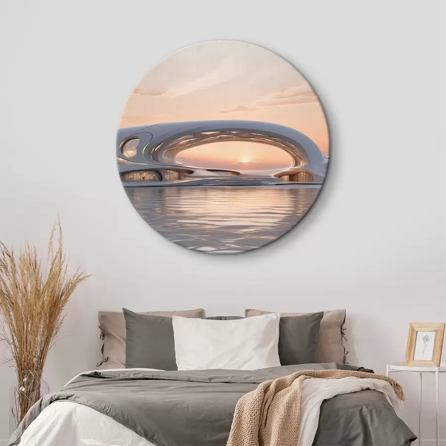 Wandbilder Futuristisches Gebäude auf dem Wasser gegen einen rosa Sonnenuntergang r44884