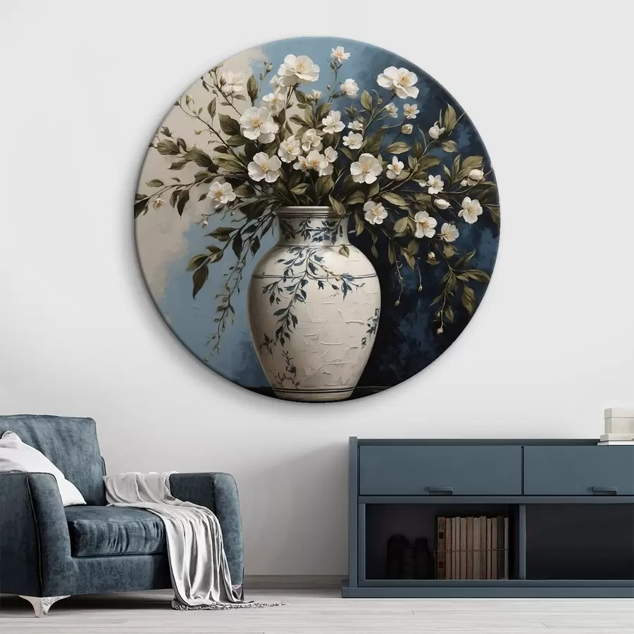 Wandbilder Weiße und gelbe Blumen in einer großen Vase auf blauem Hintergrund r44893