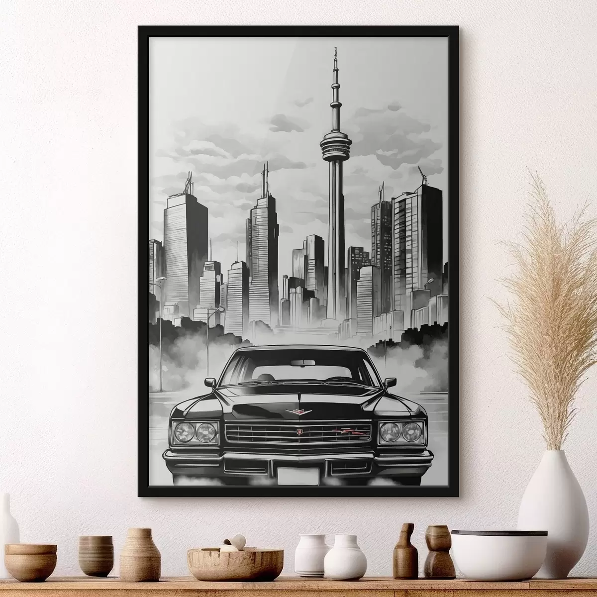 Poster Retro-Auto auf dem Hintergrund der monochromen Stadt mit Wolkenkratzern f44871