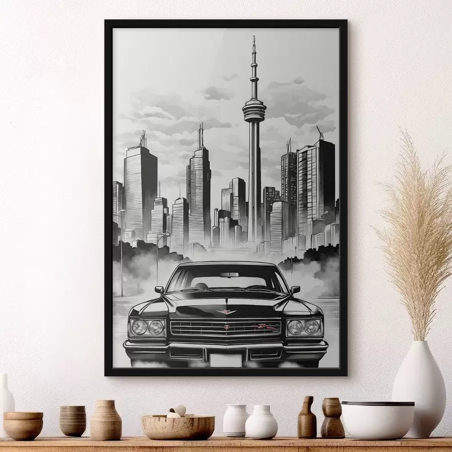 Fototapete Retro-Auto auf dem Hintergrund der monochromen Stadt mit Wolkenkratzern f44871