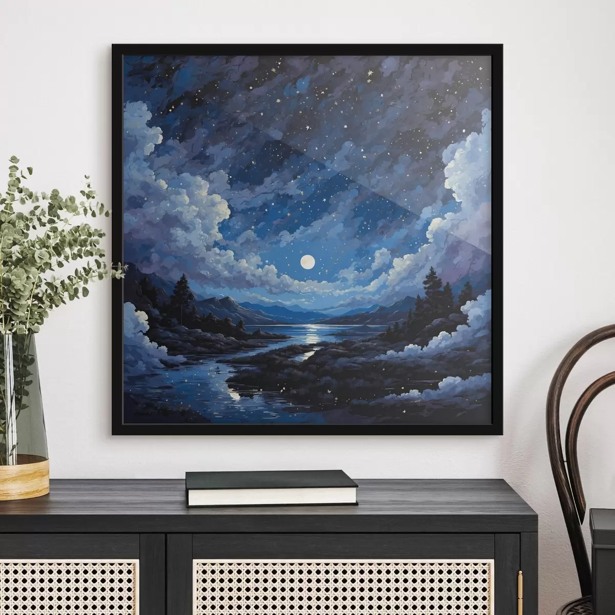 Poster Nachthimmel mit Mond und Sternen über einer Berglandschaft f44872