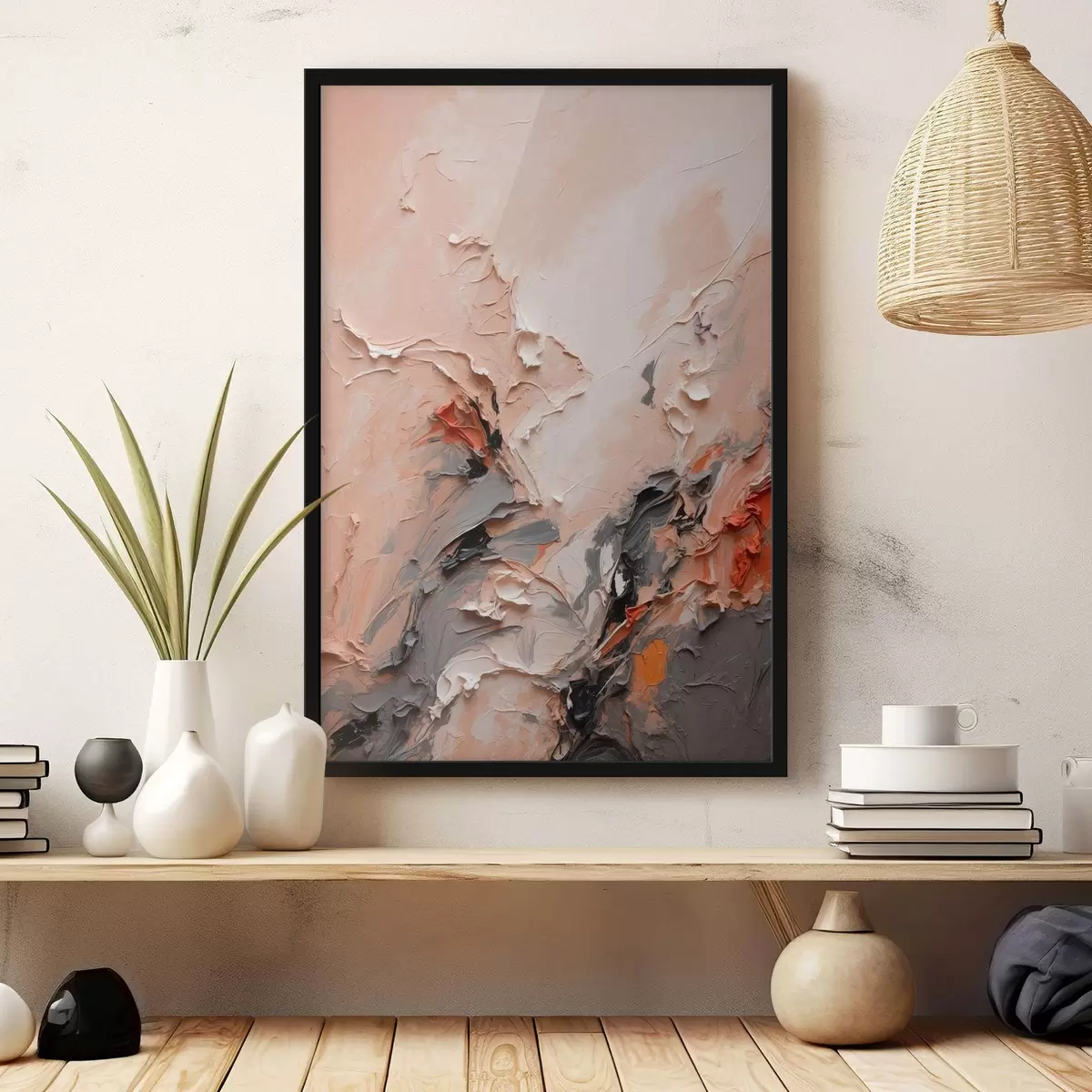 Poster Abstrakt in pfirsichfarbenen Grautönen mit strukturierten Strichen f44873
