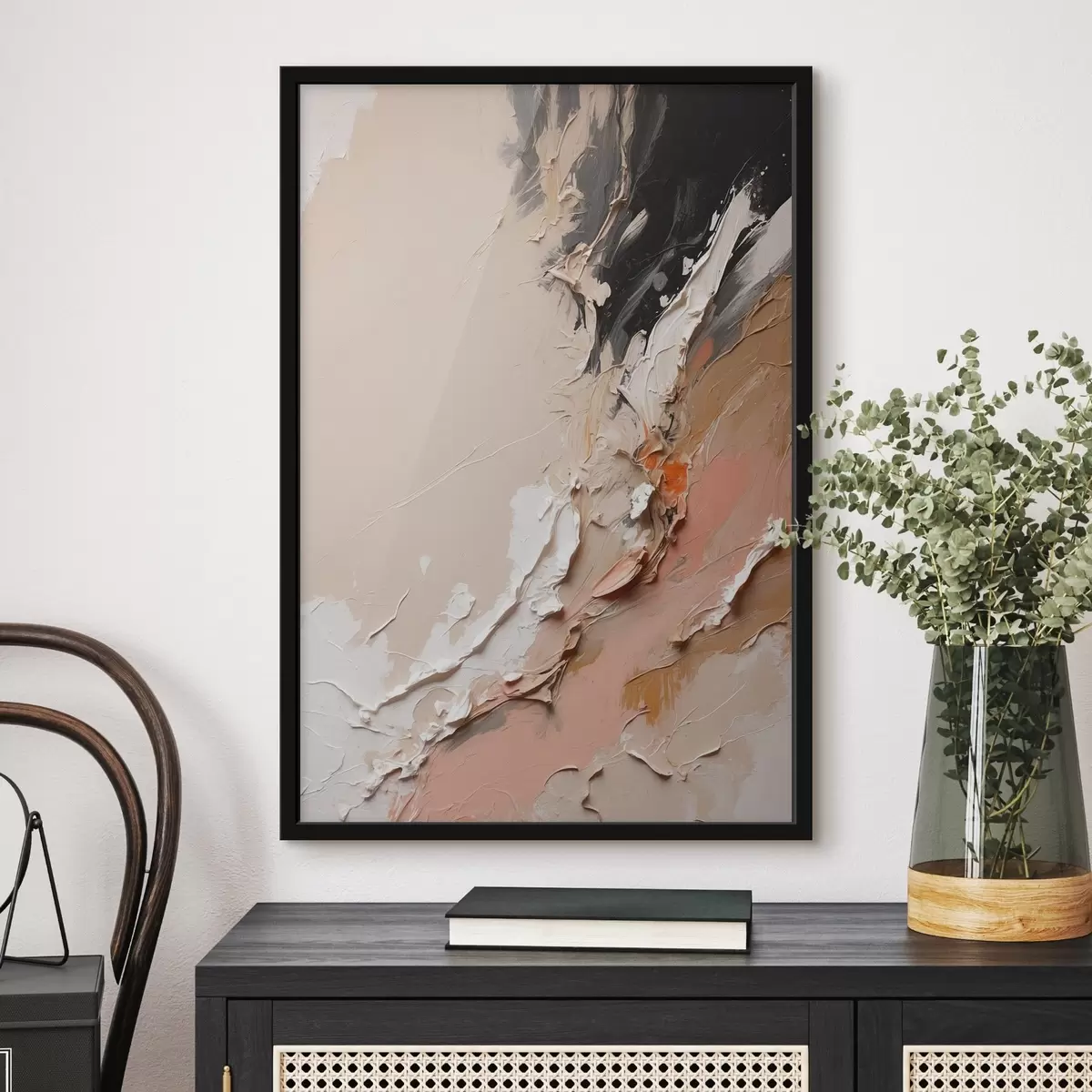 Poster Beige-schwarze Abstraktion mit Akzenten in Rosa und Weiß f44875