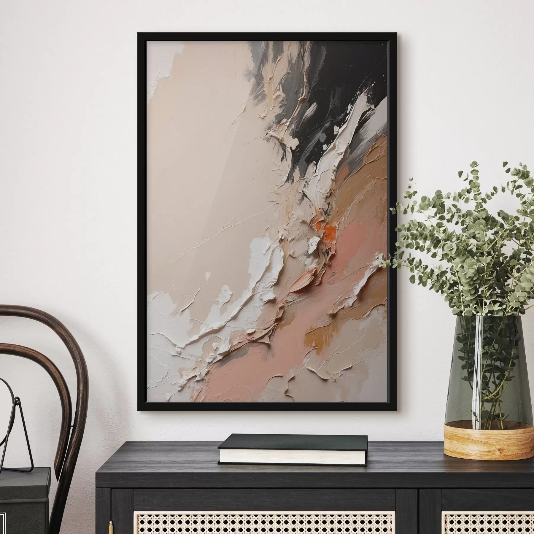 Wandbilder Beige-schwarze Abstraktion mit Akzenten in Rosa und Weiß f44875