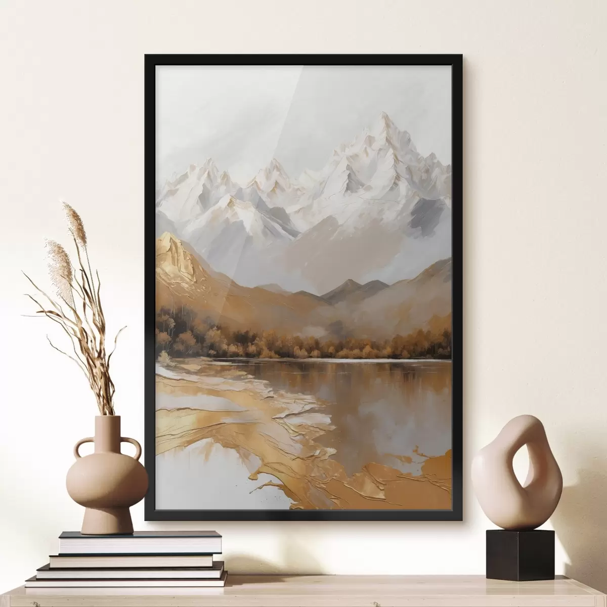 Poster Berglandschaft mit einem See in warmen Farben f44877