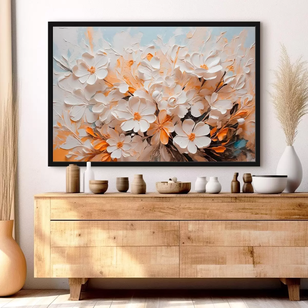 Poster Weiße und pfirsichfarbene Blumen auf blauem Hintergrund mit Pastellfarben f44879