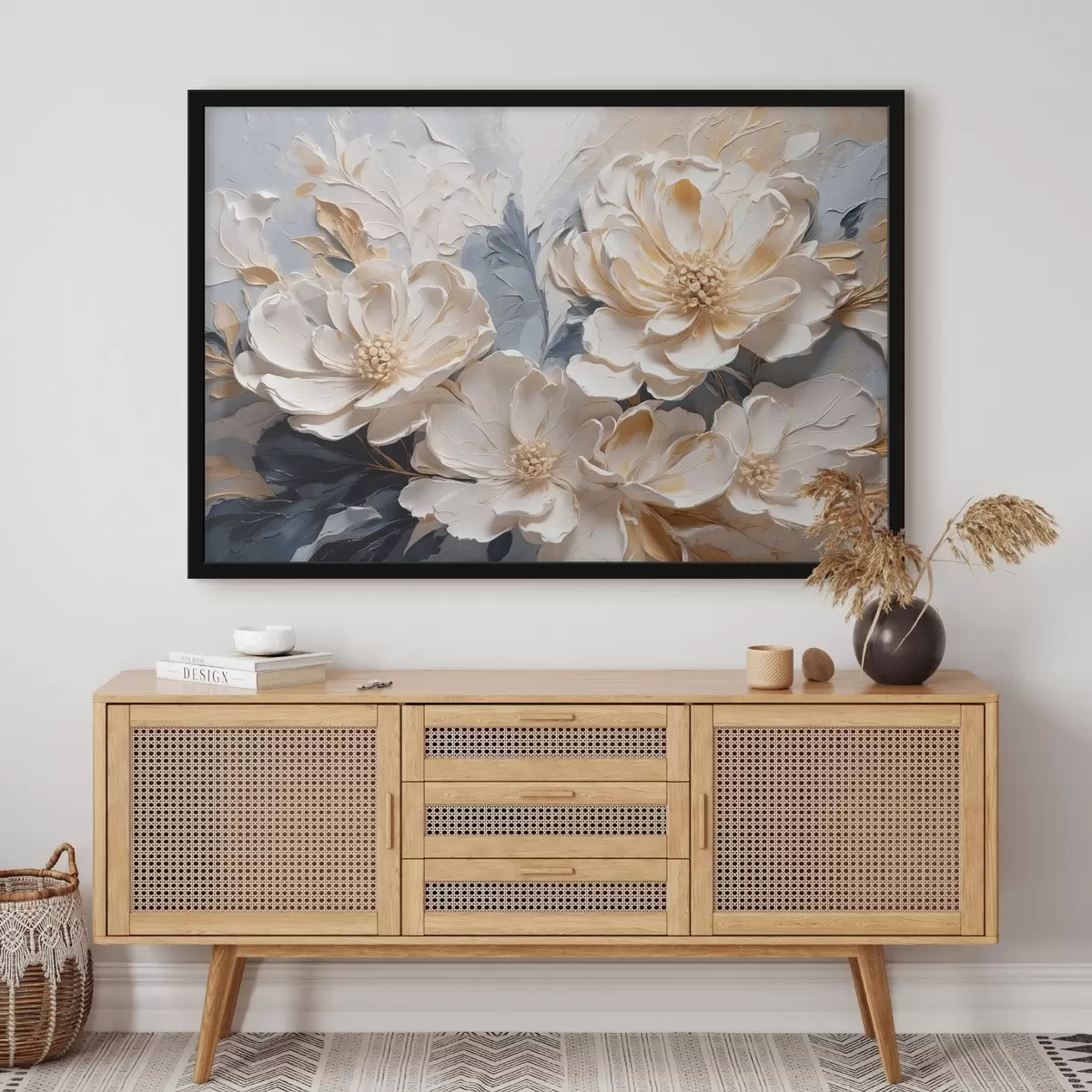 Poster Volumetrische cremefarbene Pfingstrosen auf einem hellblauen Hintergrund f44880