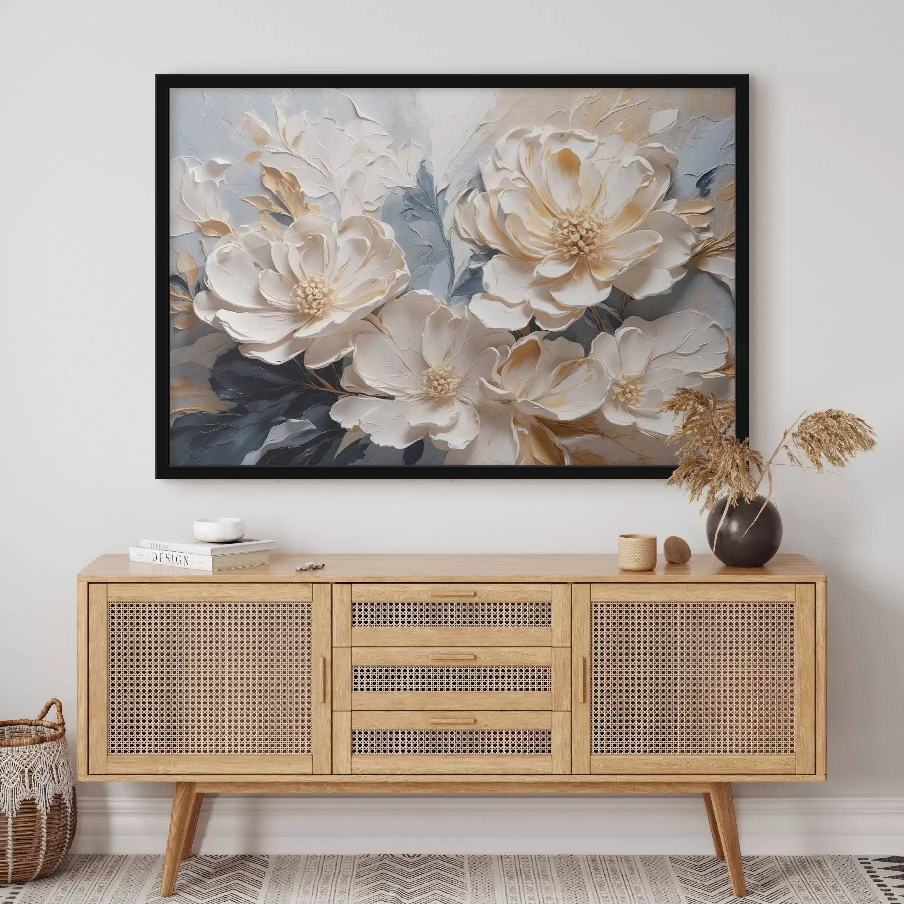 Fototapete Volumetrische cremefarbene Pfingstrosen auf einem hellblauen Hintergrund f44880