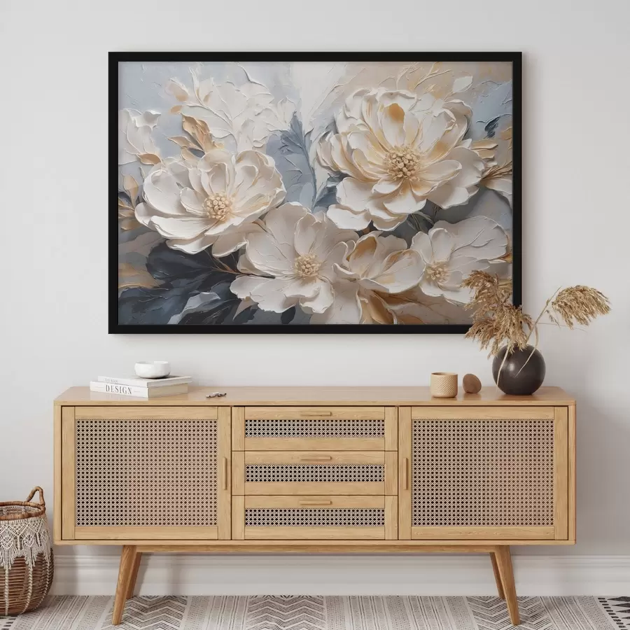 Fototapete Volumetrische cremefarbene Pfingstrosen auf einem hellblauen Hintergrund f44880