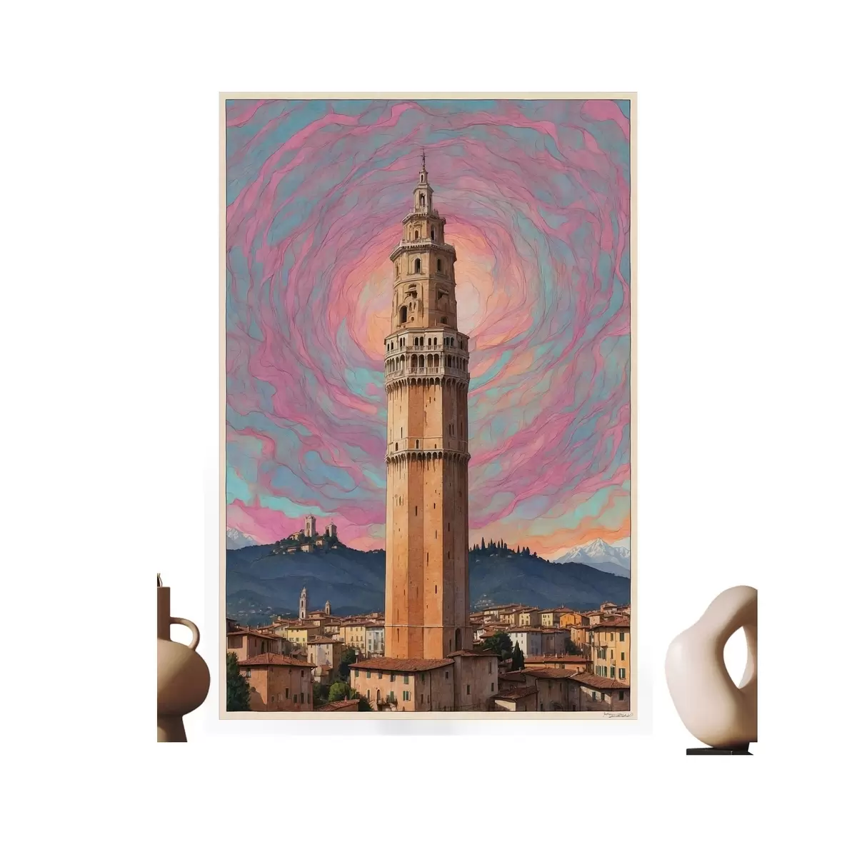 Poster Fantasieturm gegen den Himmel mit rosa und blauen Spiralen f44885