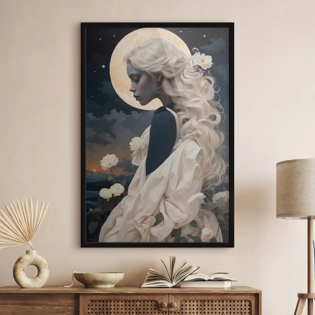 Poster Porträt eines Mädchens mit weißem Haar und Vollmond f44887
