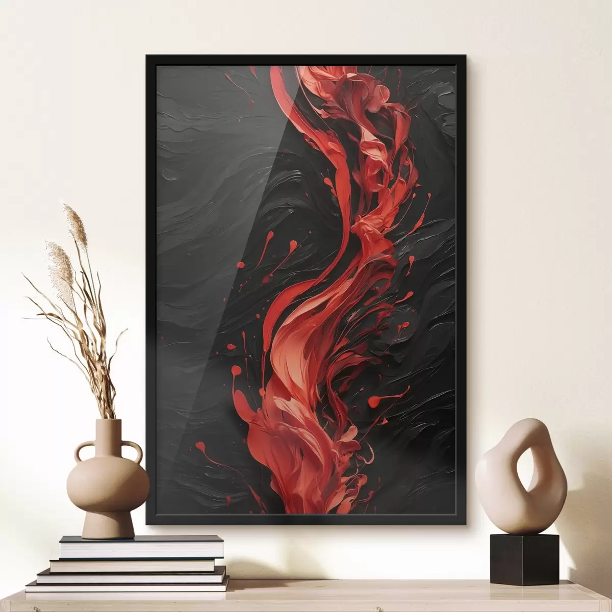 Poster Roter Farbstrahl auf schwarzem abstraktem Hintergrund f44889