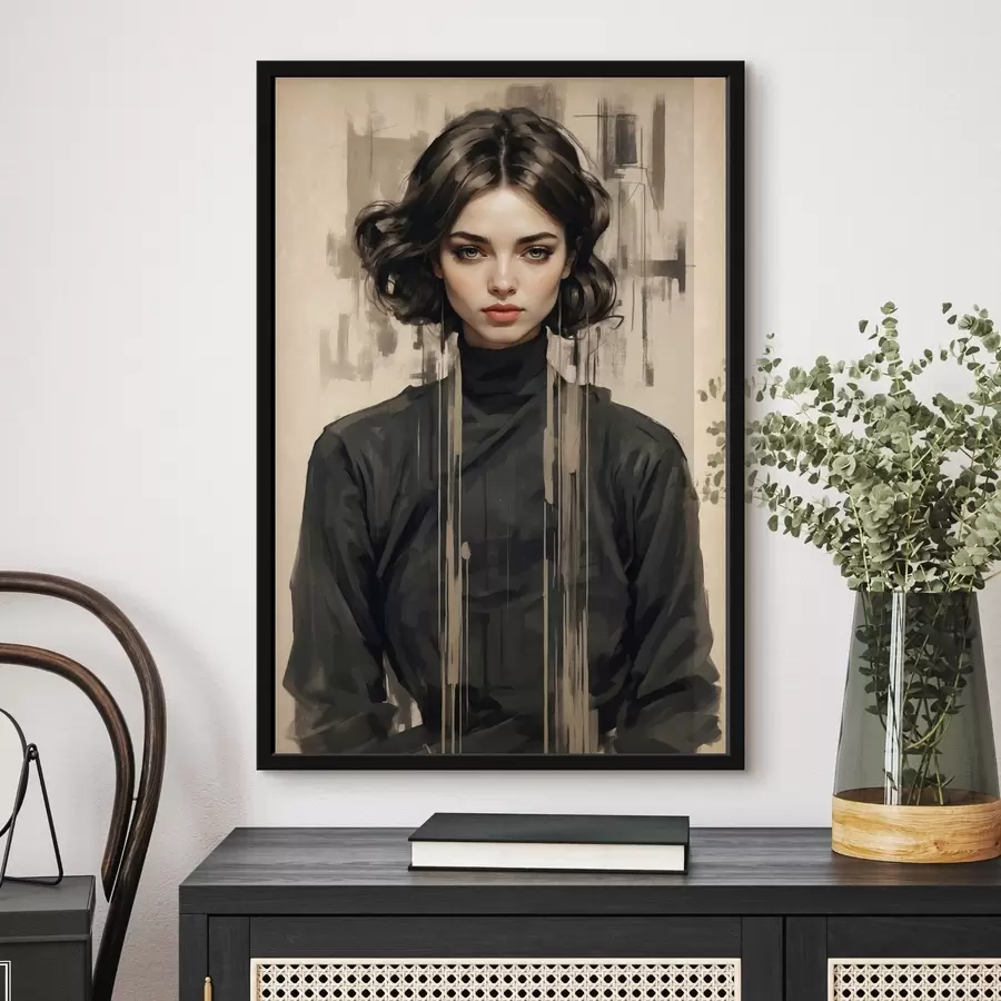 Fototapete Porträt einer Frau mit kurzen dunklen Haaren auf abstraktem Hintergrund f44890