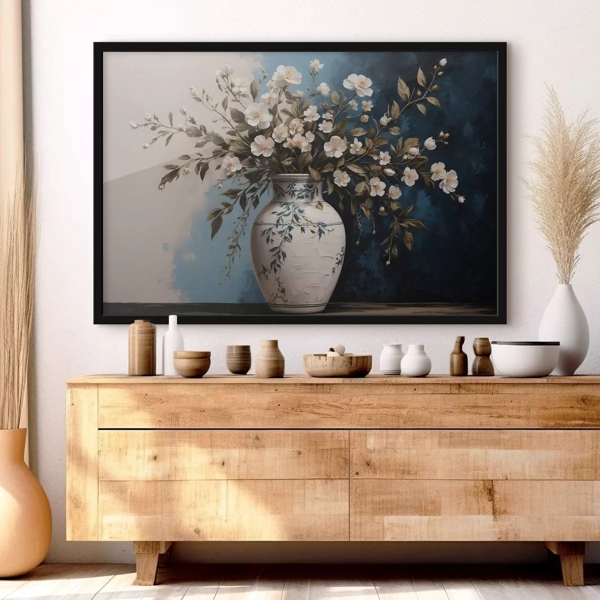 Poster Weiße und gelbe Blumen in einer großen Vase auf blauem Hintergrund f44893