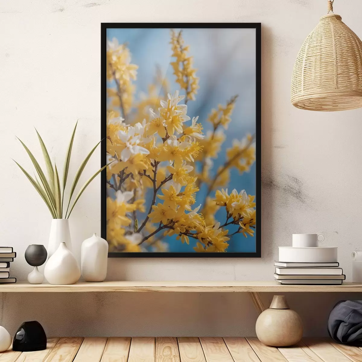 Poster Gelbe Blumen auf blauem Hintergrund mit Weichzeichner f44894